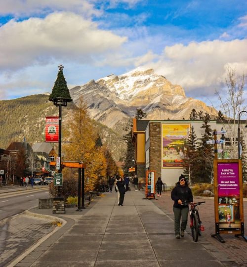 Explore downtown Banff with stunning mountain views and vibrant street life.